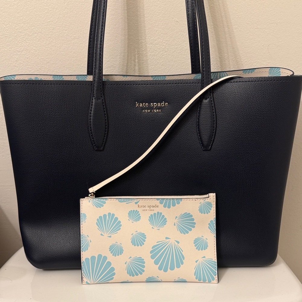 kate spade Navy Leather Tote with Cream & Blue Seashell Wristlet